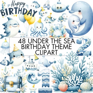 Onder de zee verjaardag clipart png bundel met 0-9 cijfers, DIY onder de zee thema feestdecoratie, uitnodiging, shirt, schattige oceaandieren