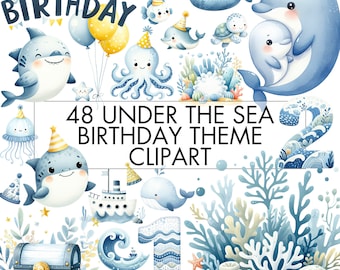 Under the Sea Birthday Clipart Bundle: Watercolor Ocean Animals (Digital Download)