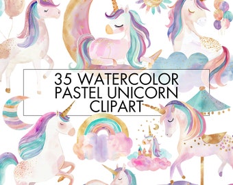 Pastel Unicorn Clipart, Unicorn Watercolor Clipart Png, Pastel Watercolor Party Unicorns, Party Invitation, Nursery Decor, Digital Download