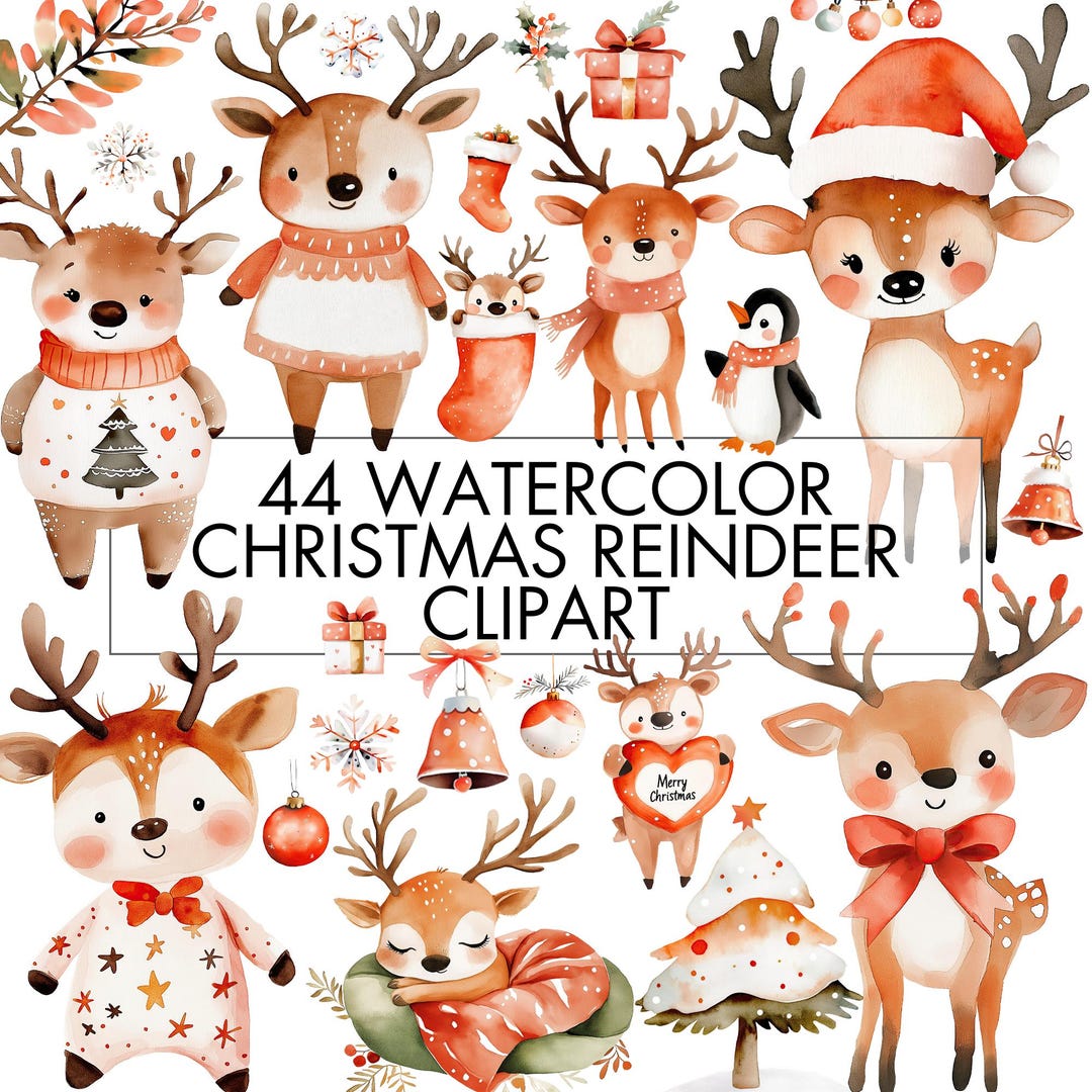 Watercolor Cute Christmas Reindeer Clipart Bundle, Reindeer Png ...
