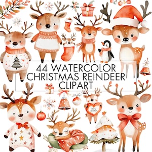 Acquerello carino Natale renna clipart bundle, renna png, acquerello Natale tema clipart per biglietto di Natale, decorazione, stampa