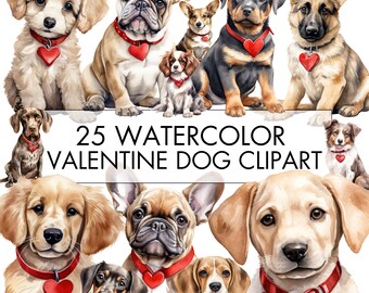 Watercolor Valentine Dog Clipart: 25 PNG Dog Breeds (Digital Download)