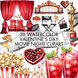 Aquarell Valentinstag Film Nacht Clipart, Romantische Film Nacht Clipart, 26 Valentinstag Clipart Bundle, Transparent, Kommerzielle Nutzung