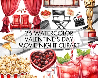 Aquarel Valentijnsdag filmavond clipart: 26 png-bundel (commercieel gebruik)