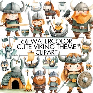 Paquete de imágenes prediseñadas de vikingos lindos en acuarela, niño y niña vikingos PNG, imágenes prediseñadas de Valhalla, pueblo vikingo, barco vikingo, para cumpleaños, decoración, impresión