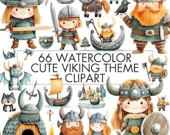 Watercolor Cute Vikings Clipart Bundle, Boy and Girl Viking Png, Valhalla Clipart, Viking Village, Viking Ship, For Birthday, Decor, Print