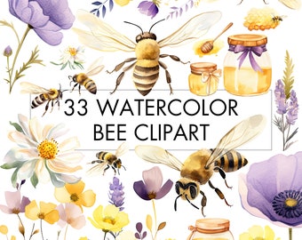 Watercolor Bee Clipart Bundle: Floral PNG Images (Digital Download)