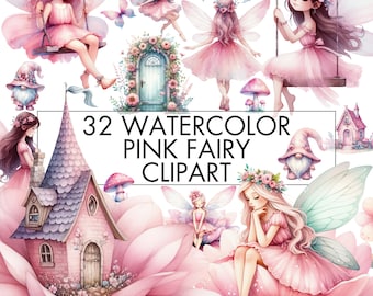 May include: Watercolor clipart set featuring 32 pink fairies with wings, flowers, and a small house. The fairies are depicted in various poses, including flying, sitting on swings, and sitting on flowers. The set also includes a gnome, a door, and a mushroom.