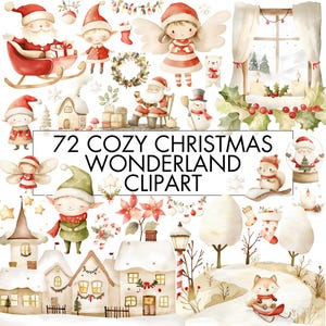 Watercolor Cozy Christmas Wonderland Clipart Bundle, Cute Christmas Animals PNG, Wreath, Christmas Village, Fairy, Reindeer, Snowman, Elf