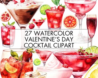 Watercolor Valentine's Cocktails Clipart: 27 PNG Set (Digital Download)
