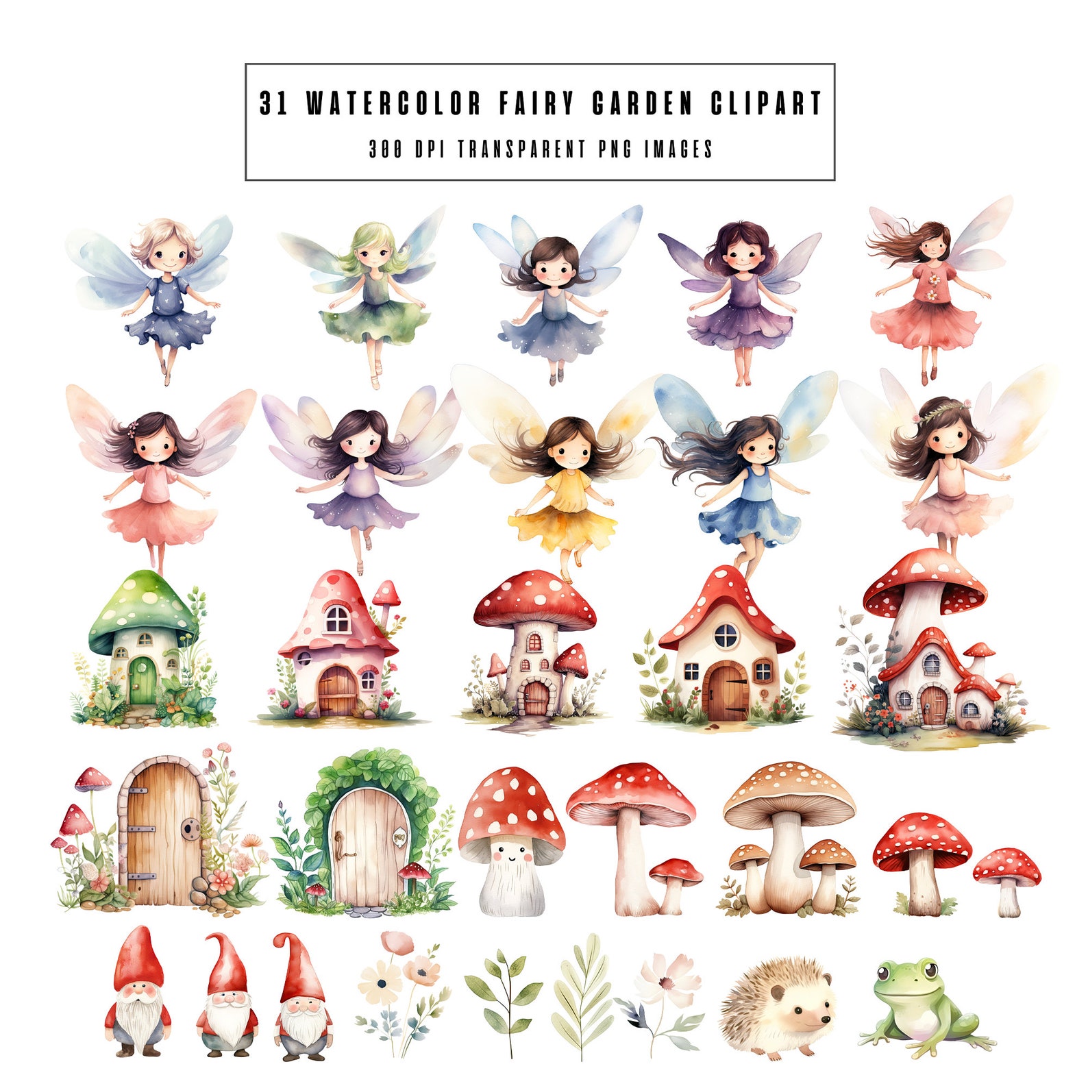 Watercolor Fairy Garden Clipart Bundle: 31 PNG Illustrations ...