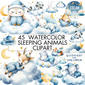 Watercolor Sleeping Animals Clipart, Cute Sleeping Animals on Cloud, Sleepy Animals with PJ&#39;s, Boy&#39;s Nursery Animal Clipart, Dreamy Bedtime