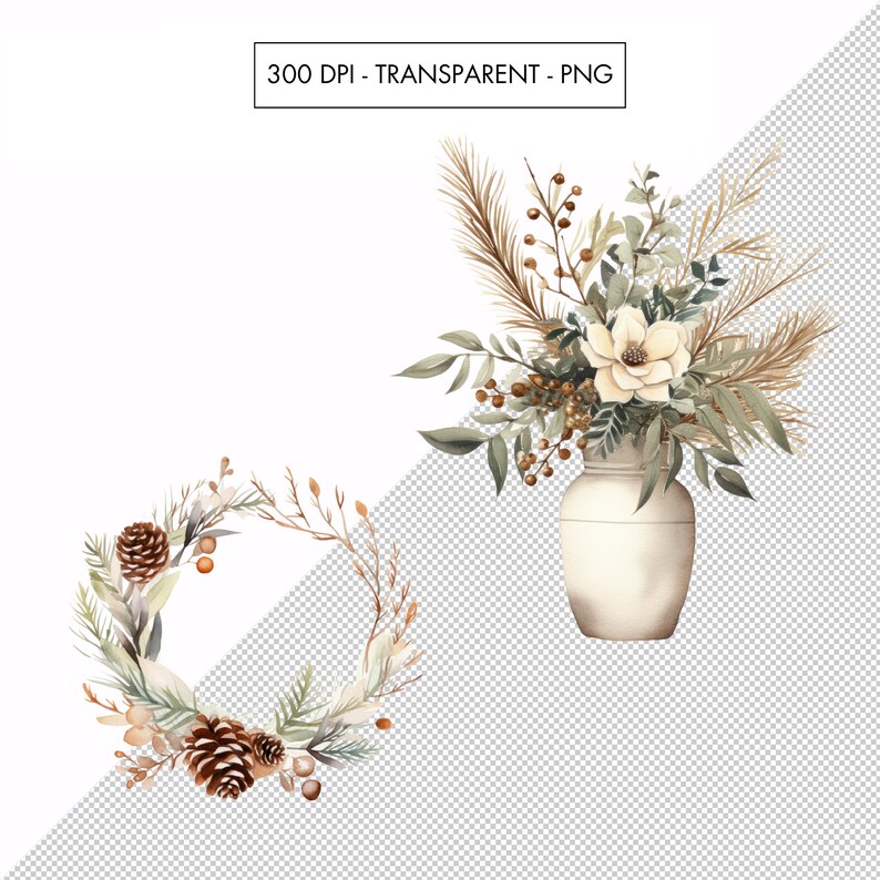 May include: A watercolour illustration of a wreath and a bouquet of flowers in a vase. The wreath is made of pine branches, pine cones, and berries. The bouquet is made of white flowers, green leaves, and brown branches.