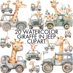 Watercolor Giraffe in Jeep Clipart: Safari Nursery Decor (PNG Digital Download)