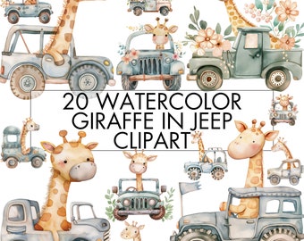 Watercolor Giraffe in Jeep Clipart: Safari Nursery Decor (PNG Digital Download)