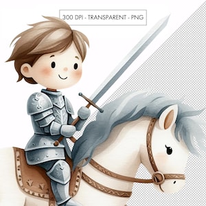 Puede incluir: Una ilustraci&oacute;n de acuarela de un caballero con armadura plateada montando un caballo blanco. El caballero sostiene una espada y tiene una expresi&oacute;n decidida en su rostro.