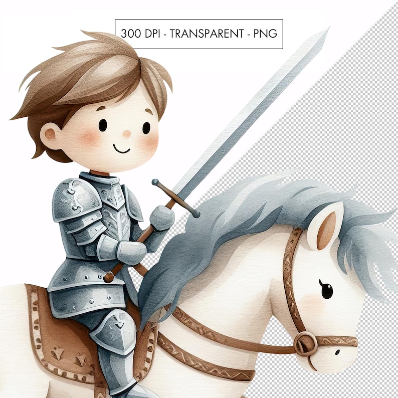 Puede incluir: Una ilustraci&oacute;n de acuarela de un caballero con armadura plateada montando un caballo blanco. El caballero sostiene una espada y tiene una expresi&oacute;n decidida en su rostro.