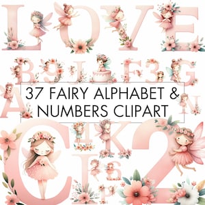 Fee Alphabet Clipart Bundle, Rosa Fee Alphabet PNG, A bis Z Alphabet 0 bis 9 Zahlen Fee, Fee ABC Zahlen, Aquarell Fee, Instant Download