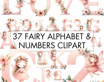 Fairy Alphabet Clipart Bundle, Pink Fairy Alphabet PNG, A to Z Alphabet 0 to 9 Numbers Fairy, Watercolor Fairy ABC Numbers, Instant Download