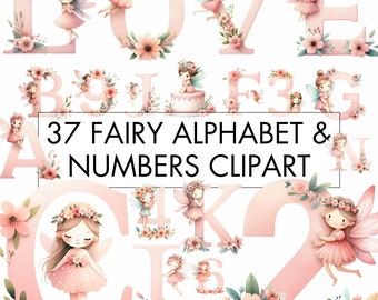 May include: 37 Fairy Alphabet & Numbers Clipart. Pink letters and numbers with floral accents and fairies.