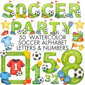 Aquarell Fußball Buchstaben und Zahlen PNG Clipart Bundle, Fußball Alphabet, Doodle Buchstaben und Zahlen, Geburtstag einladen Dekor, Sublimation