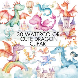 Aquarell süße und bunte Drachen Clipart Bundle, Drache Png, Drachen und Schloss Clipart für Papierhandwerk, Druck, Dekor, kommerzielle Nutzung