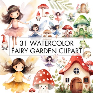Watercolor Fairy Garden Clipart Bundle, Colorful Fairy Garden, Fairy Houses, Mushroom Cliparts, Transparent Background PNG, Commercial Use