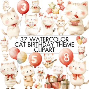 Watercolor Cat Birthday Clipart, Cat Birthday Theme PNG Bundle, Cat Birthday Clipart Set for Birthday Invitation, Card, Shirt, Sublimation