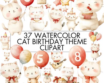 Watercolor Cat Birthday Clipart: PNG Bundle (Digital Download)