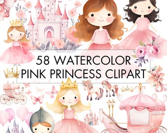 Watercolor Pink Princess Clipart Bundle: Castle, Knight, Carriage (58 PNG Files) (Commercial Use)