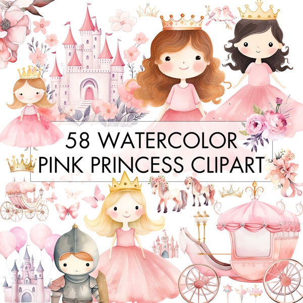 Watercolor Pink Princess Clipart Bundle,  Watercolor Cute Princess, Knight, Carriage, Castle Clipart, 58 Files Princess Theme Commercial Use