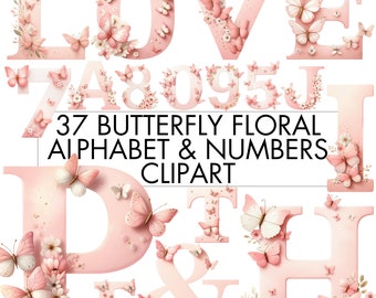 Watercolor Butterfly Floral Alphabet Clipart: Pink Letters & Numbers (Digital Download)