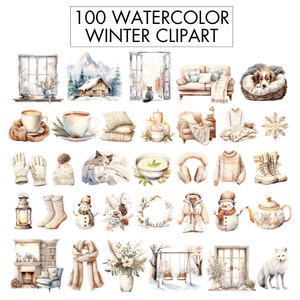 May include: 100 Watercolor Winter Clipart featuring illustrations of winter scenes, animals, and objects.  Includes a cosy cabin, a snowy mountain, a fireplace, a snowman, a cat, a dog, a teapot, a lantern, a wreath, a swing set, a window, a scarf, a hat, mittens, boots, and more.
