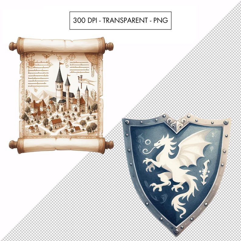 Puede incluir: Una ilustraci&oacute;n acuarela pintada a mano de un rollo con un mapa de una ciudad medieval y un escudo con un drag&oacute;n blanco sobre un fondo azul.