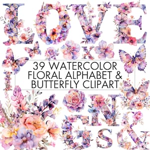 Aquarela floral alfabeto letras PNG clipart pacote com borboleta, flores e e comercial para convites, alta qualidade, download instantâneo
