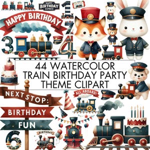 Pacchetto di clipart per feste di compleanno con treni ad acquerello, numeri da 0 a 9 e pacchetti PNG per treni per decorazioni di compleanno, inviti, striscioni, cartelli, decorazioni per torte