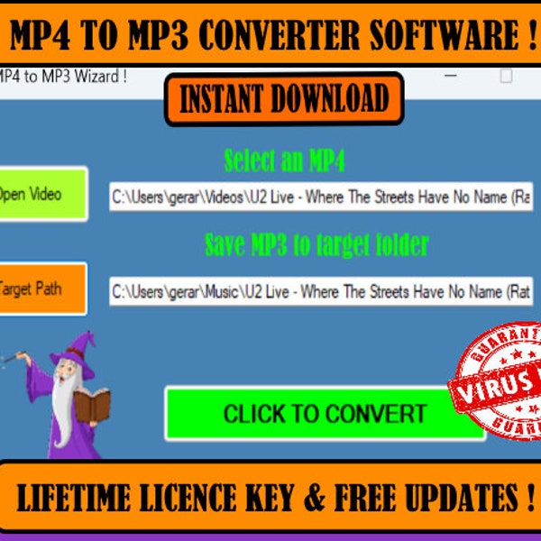 MP4 TO MP3 Software Converter, instant digital download, lifetime licence included, social media,convert ANY MP4 files to MP3,convert files,