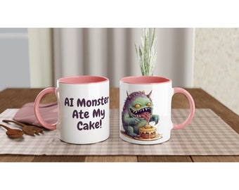 AI Monster Ate My Cake! Funny Coffee Mug | White 11oz Ceramic Coffee Mug with Color Inside
