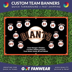 May include: Black baseball team banner with orange trim. The banner features the team name "Giants" and player names with numbers. The banner also includes the team manager, coaches, and team moms.