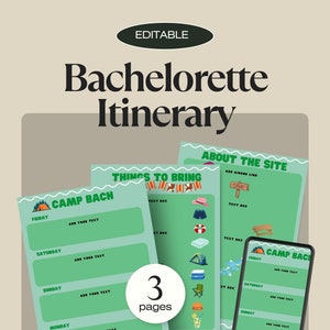 Camp Bach, Bachelorette Itinerary Template, Fully Editable Bachelorette Planner