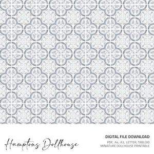 May include: A printable digital download of a tile pattern featuring a repeating design of gray and white quatrefoils. The pattern is labeled "Hamptons Dollhouse" and is available in PDF format for printing in various sizes, including A4, A3, Letter, and Tabloid.