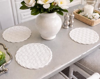 Miniature pour maison de poupée, blanc, aspect tissé, sets de table, lot de 4, échelle 1:12.