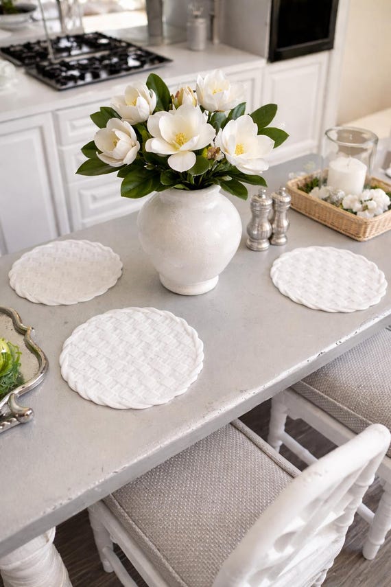 Dollhouse Miniature, White, Woven-look, Placemats, Set of 4, 1:12 Scale.