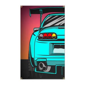 May include: A teal illustration of a sports car's rear, with a prominent spoiler and unique tail lights. The car is set against a gradient background of pink and red, with black accents and a visible exhaust pipe.