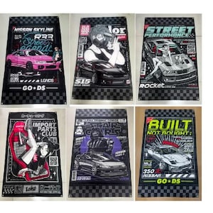 May include: Six black and chequered banners with car-themed graphics. Each banner features a car illustration, text, and a unique design. The banners include text such as "Nissan Skyline," "Street Legends," "Import Parts Club," and "Built Not Bought."