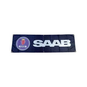 Könnte beinhalten: Ein blaues Banner mit einem weißen Saab-Logo und dem Wort "SAAB" in weißen Buchstaben.