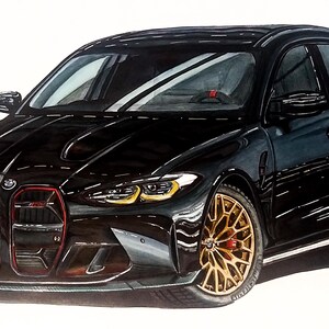 Puede incluir: Ilustración de un sedán BMW M3 negro con llantas doradas. El coche tiene detalles rojos en la parrilla delantera y un acabado brillante. Los faros son amarillos. La imagen está sobre un fondo blanco.