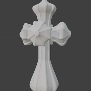 May include: A white, ornate cross with a detailed design. The cross features a central vertical stem with a bulbous base and a pointed top. The arms of the cross have a unique, stylized shape with rounded edges and a central, circular element.