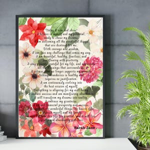 Affirmatiekaart voor vrouwen direct downloaden Positieve affirmaties Cadeau voor haar Kerstcadeau afdrukbare bloemenpatroonkaart
