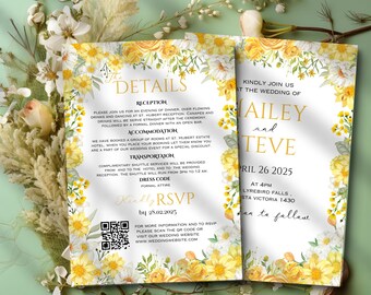 May include: A yellow and white floral wedding invitation with a QR code. The invitation details the reception, accommodation, transportation, and dress code. The invitation also includes the date, time, and location of the wedding ceremony. The text on the invitation reads: "The Details", "Reception", "Accommodation", "Transportation", "Dress Code", "Kindly RSVP by 28.02.2025", "For more information and to RSVP please scan the QR code or visit our wedding website www.weddingwebsite.com", "Kindly Join Us at the Wedding of Ailey and Teve", "April 26 2025", "At 4pm Lyrebird Falls, Sta Victoria 1430", "...to follow"